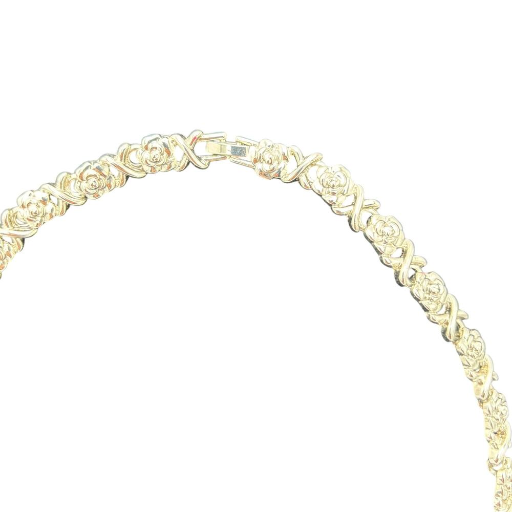 VTG Silver Hugs Kisses XO Cabbage Rose Clear Rhinestone Necklace Bracelet Set